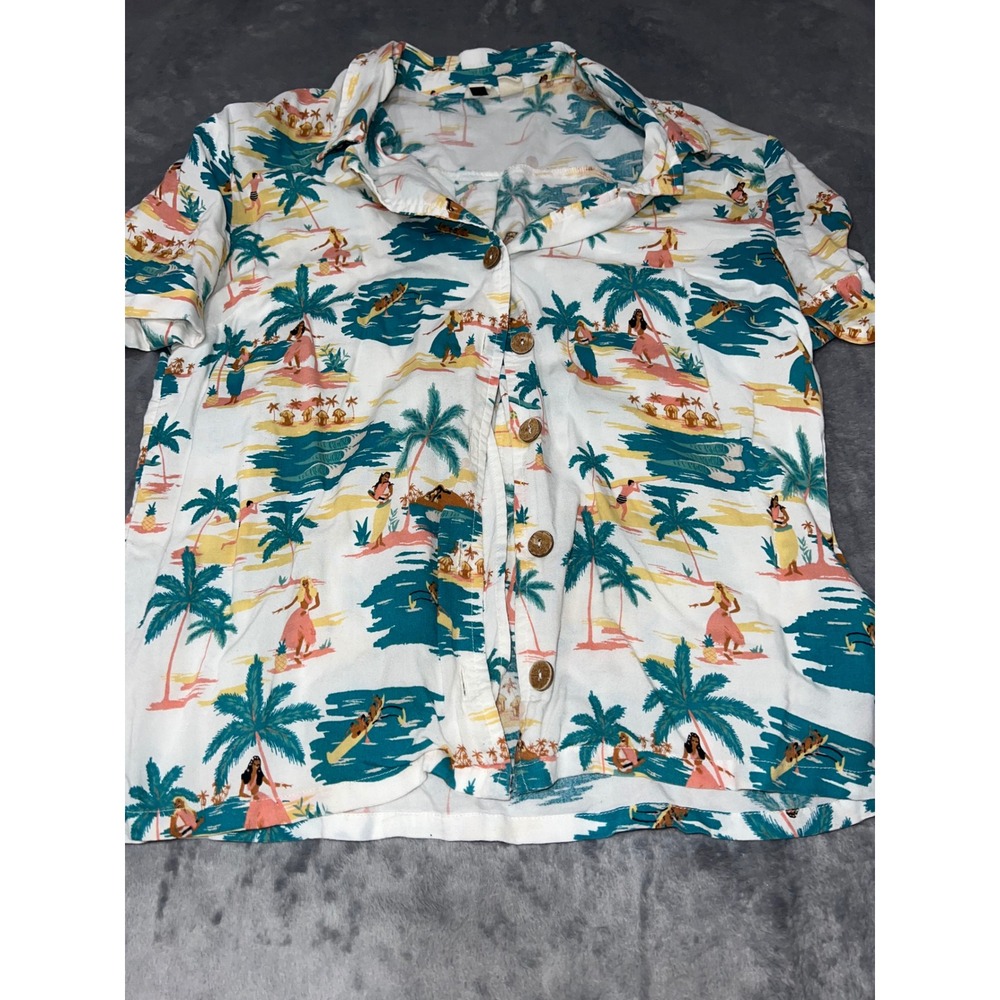Roxy Womens Tropical Aloha Hula Dancer Button Down Shirt White Large Short Slv